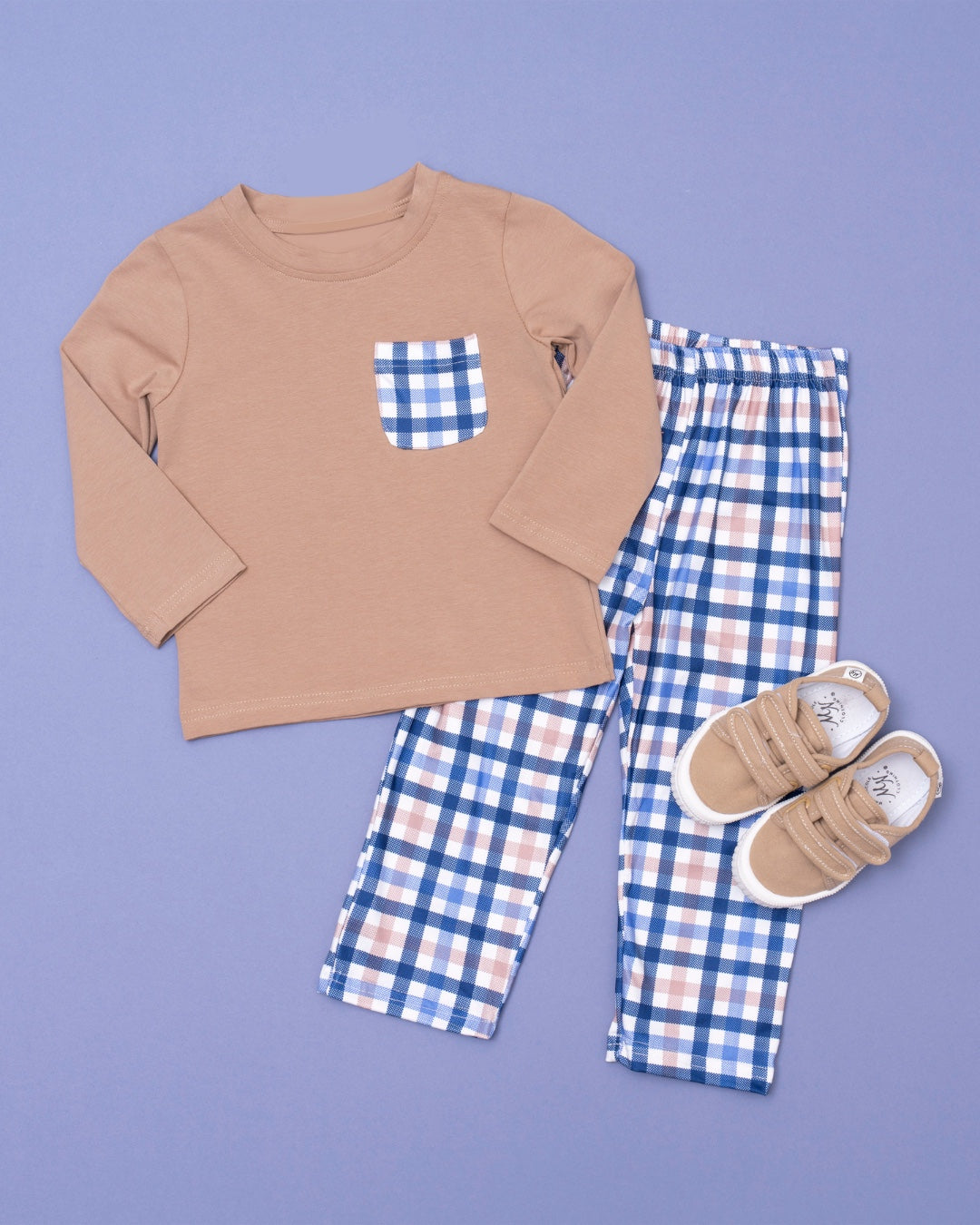 preorder BLP1022 khaki pocket long sleeve blue checkered pants boys set