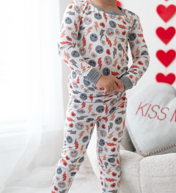 preorder BLP1032 Valentine's Day heart smile flash grey long sleeve pants boys pajamas