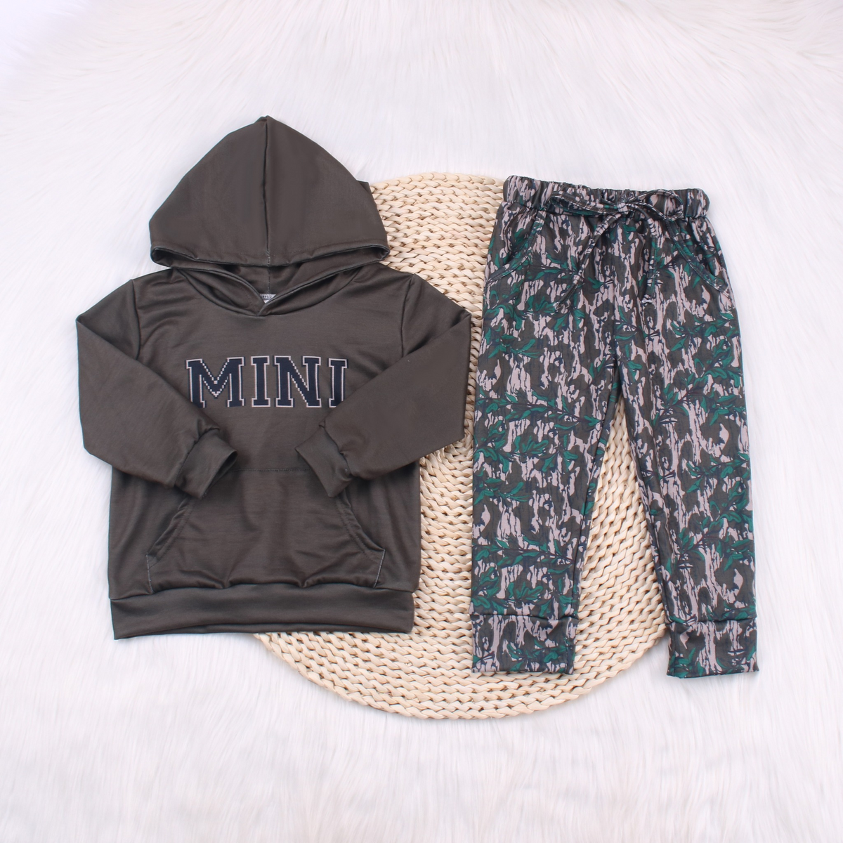 preorder BLP1033 MINI brown long sleeve hoodie camo leaf pants boys set