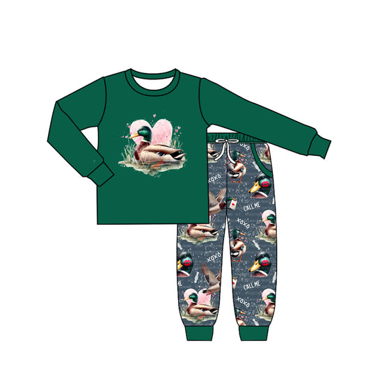 Preorder BLP1037 Valentine's Day call me heart mallard duck green long sleeve pants boys set