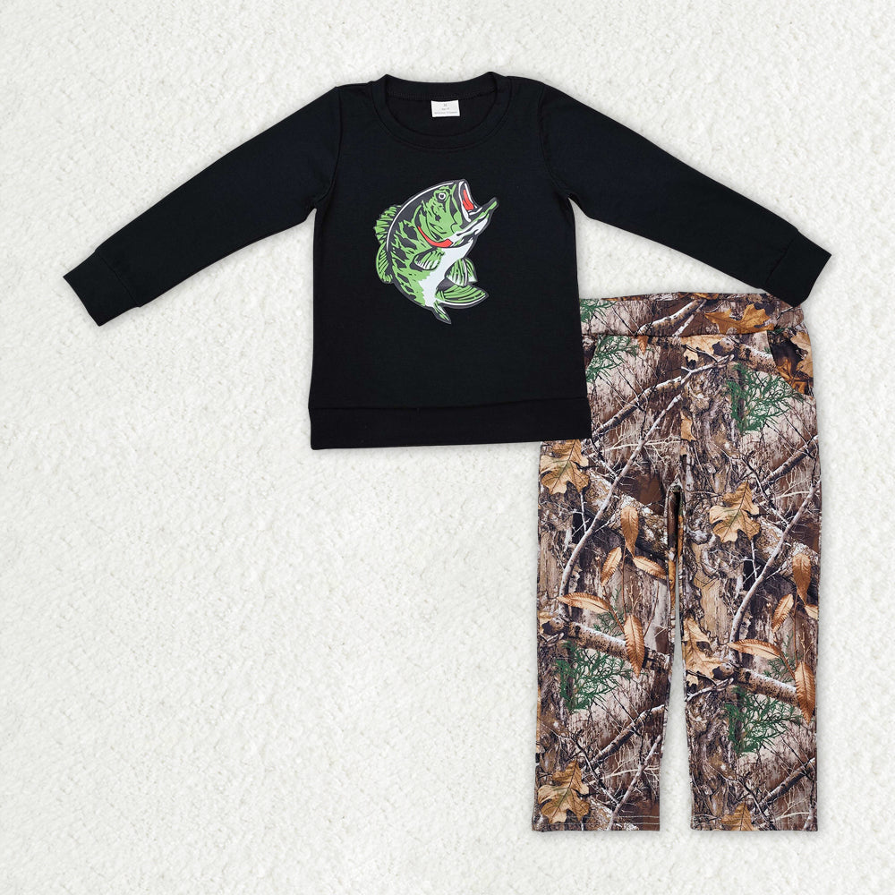 BLP1043 Fishing Black Long Sleeve Hunting Branch Camo Pants Boys Set