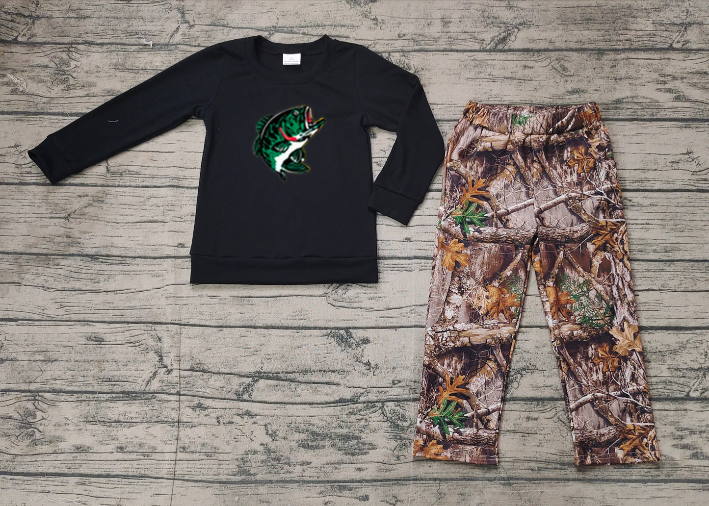 Preorder BLP1043 hunting fishing fish black long sleeve branch brown pants boys set