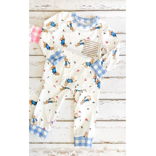 Preorder BLP1046 Easter bunny rabbit pocket blue long sleeve pants boys pajamas