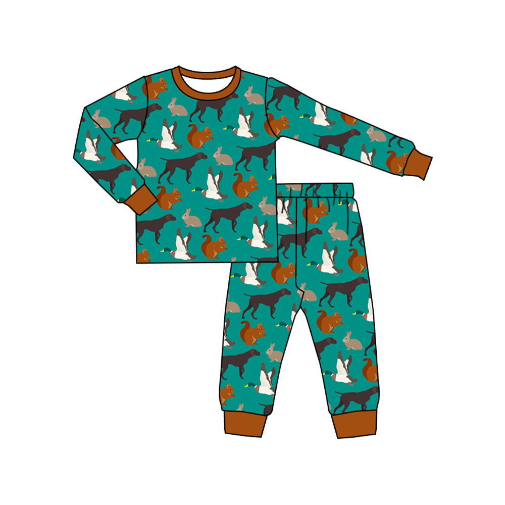 preorder BLP1069 hunting dog mallard duck animals green long sleeve pants boys pajamas