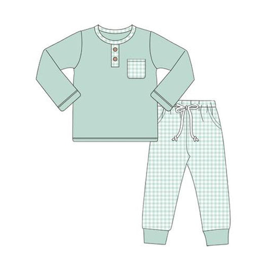 preorder BLP1077 green pocket long sleeve green checkered pants boys set