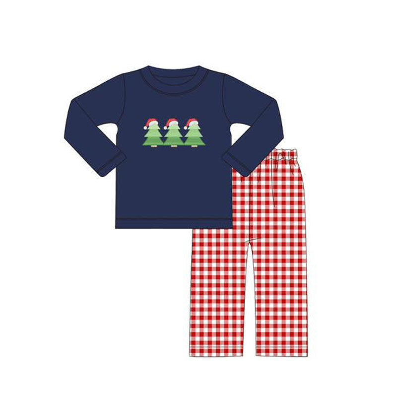 preorder BLP1083 Christmas tree hat navy blue long sleeve red checkered pants boys set