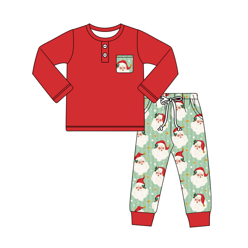 preorder BLP1089 Christmas pocket Santa red long sleeve green pants boys pajamas
