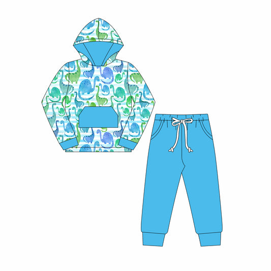 preorder BLP1092 cartoon dinosaur blue pocket hoodie long sleeve pants boys set