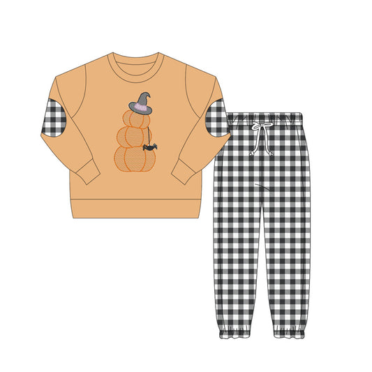 preorder BLP1097 Halloween pumpkin hat orange long sleeve black checkered pants boys set