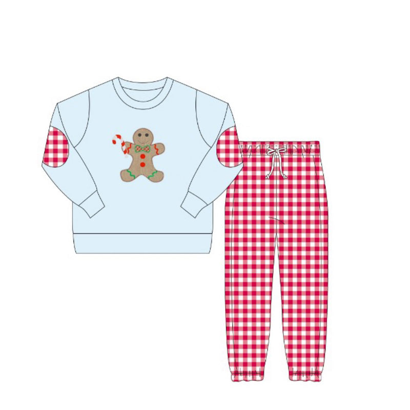 preorder BLP1101 Christmas gingerbread man blue long sleeve red checkered pants boys set
