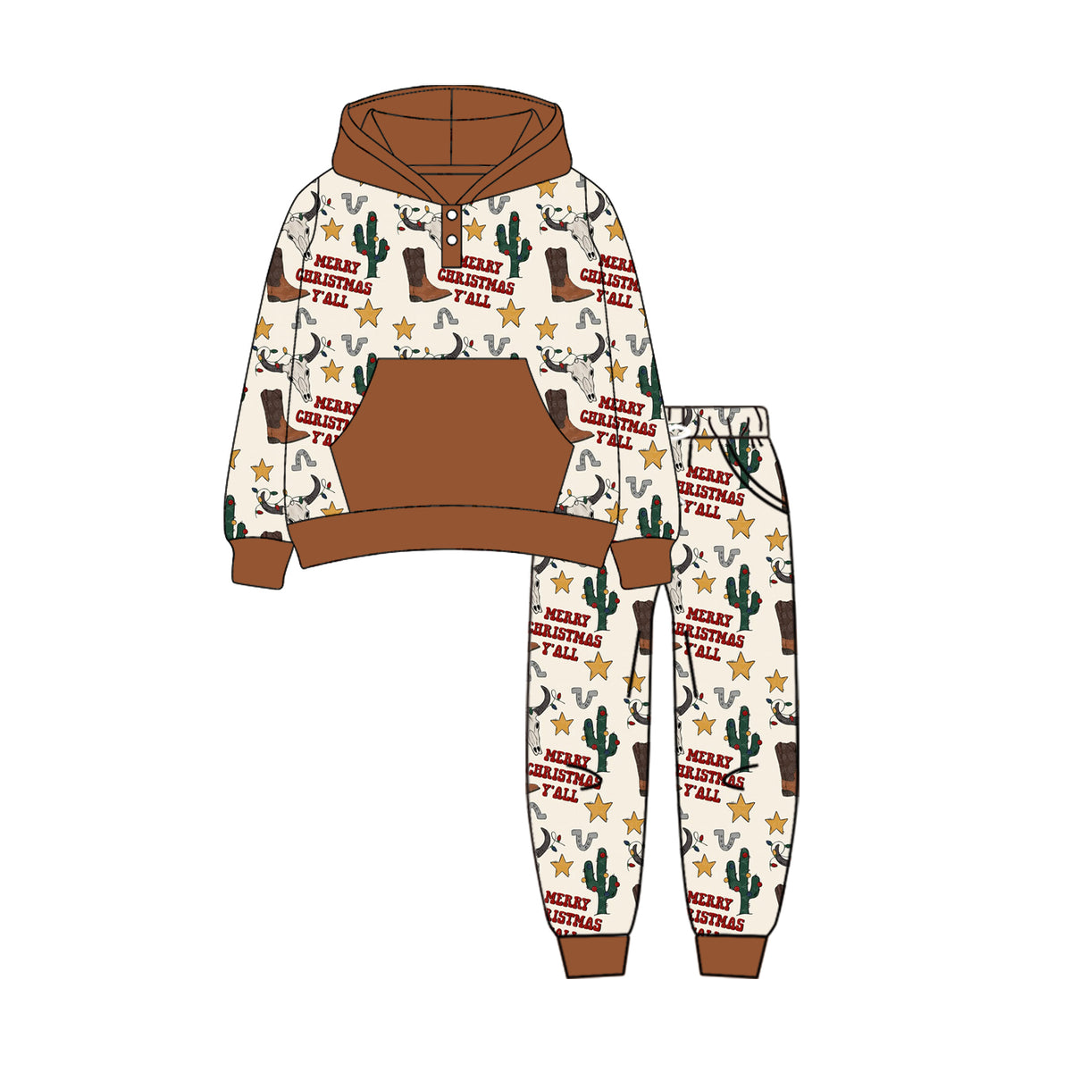 preorder BLP1106 Merry Christmas yall catus cow boot brown pocket long sleeve hoodie pants boys set