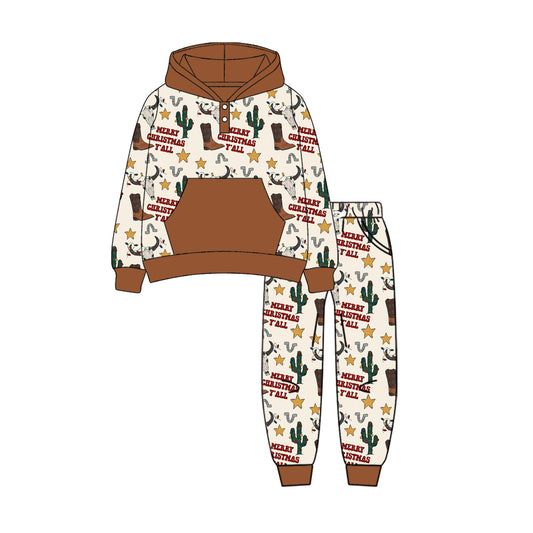 preorder BLP1106 Merry Christmas yall catus cow boot brown pocket long sleeve hoodie pants boys set