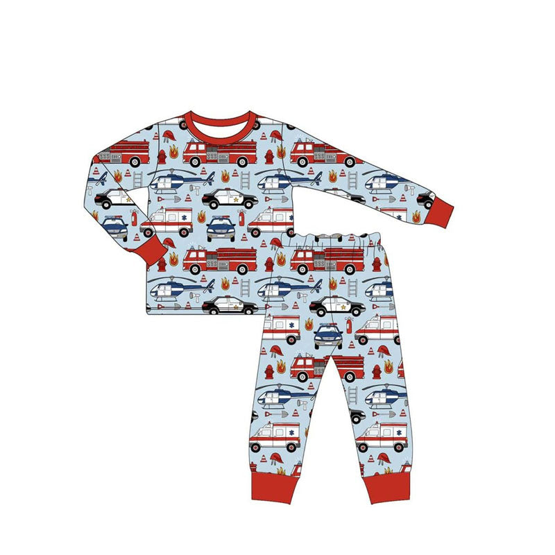 Custom moq 20 bamboo Ambulance/police car/fire truck/plane blue long sleeve pants boys pajamas