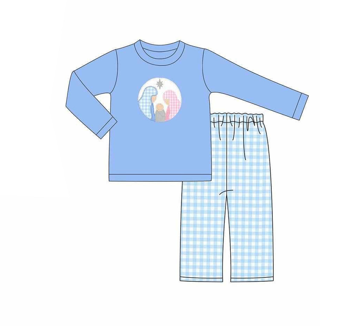 preorder BLP1124 the navitity story blue long sleeve blue checkered pants boys set