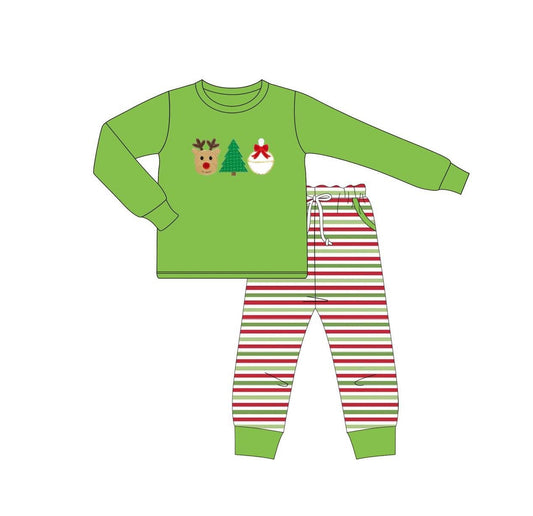 preorder BLP1128 Christmas tree deer green long sleeve red/green striped pants boys pajamas