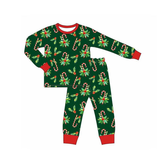 preorder BLP1130 Christmas holly berry candy cane green long sleeve pants boys pajamas