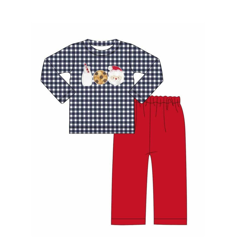preorder BLP1131 Christmas cookie milk santa black checkered long sleeve red pants boys set