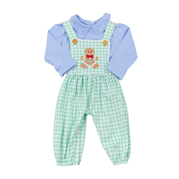 preorder BT1269 Christmas blue long sleeve gingerbread man green checkered overall jumpsuits boys set