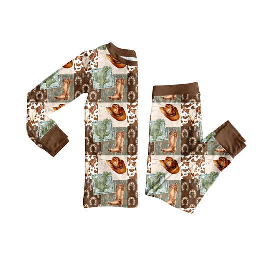 preorder BLP1152 Western boot cactus hat brown long sleeve pants boys pajamas