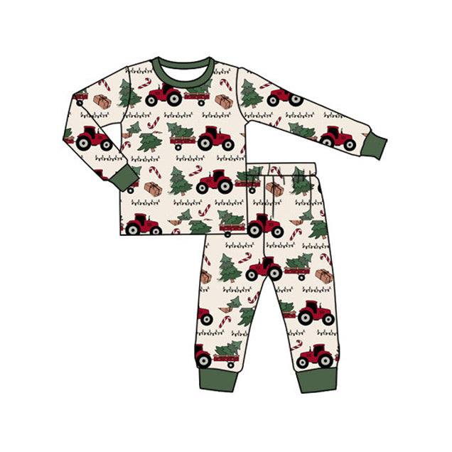 preorder BLP1160 Christmas candy cane truck tree green long sleeve pants boys pajamas