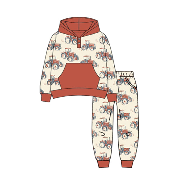 preorder BLP1161 farm tractor red hoodie pocket long sleeve pants boys set