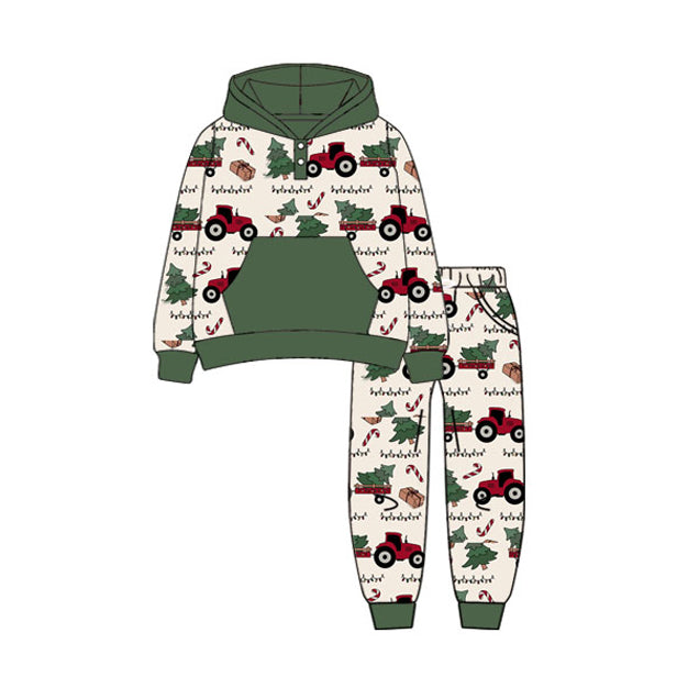 preorder BLP1160 Christmas candy cane truck tree green hoodie pocket long sleeve pants boys set