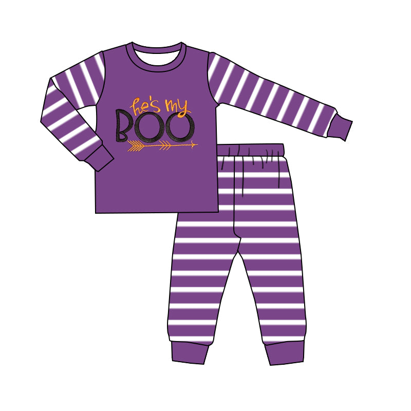 preorder BLP1164 Halloween BOO purple striped long sleeve pants boys pajamas