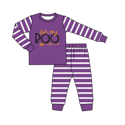 preorder BLP1164 Halloween BOO purple striped long sleeve pants boys pajamas