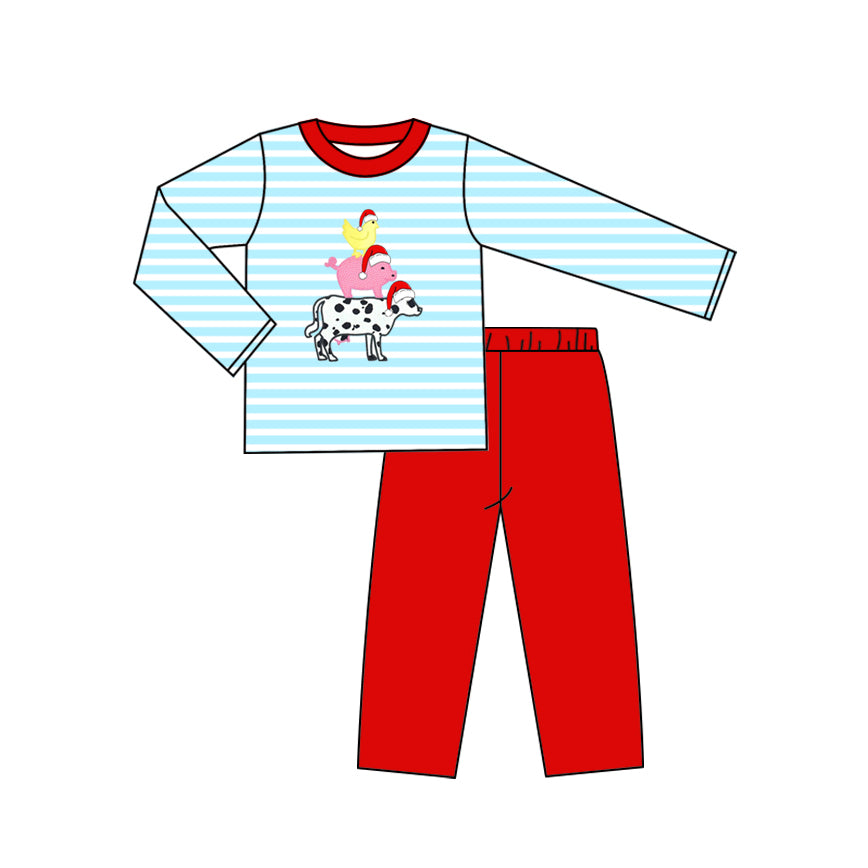 preorder BLP1172 Christmas animals chick pig dog blue striped red pants boys set