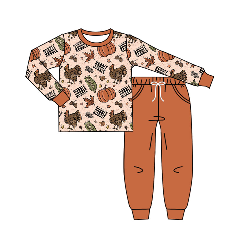preorder BLP1181 Thanksgiving turkey pumpkin long sleeve orange pants boys set