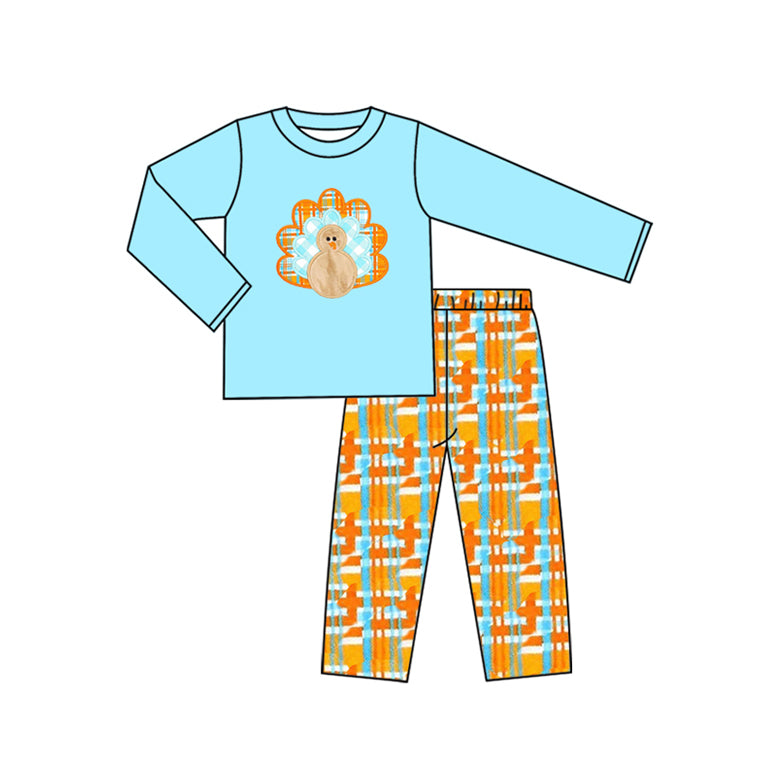 preorder BLP1182 Thanksgiving turkey blue long sleeve orange pants boys set