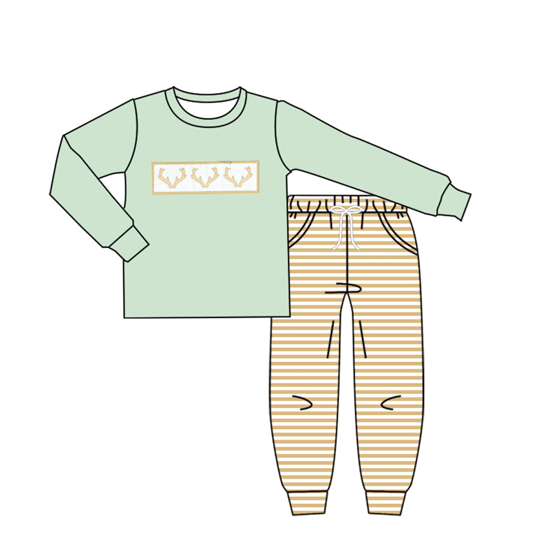 preorder BLP1183 hunting deer green long sleeve orange striped pants boys set