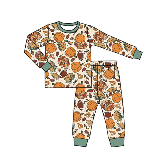 preorder BLP1187 Thanksgiving turkey football pumpkin long sleeve pants boys pajamas