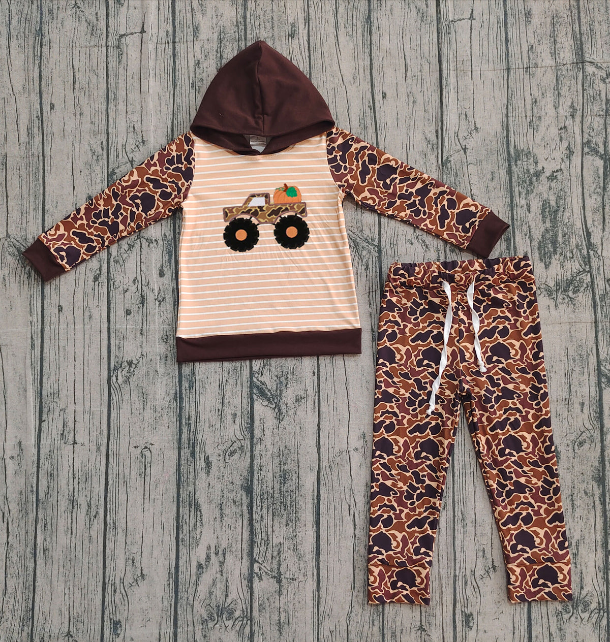 preorder sampels BLP1192 Autumn pumpkin truck long sleeve hoodie brown camo pants boys set