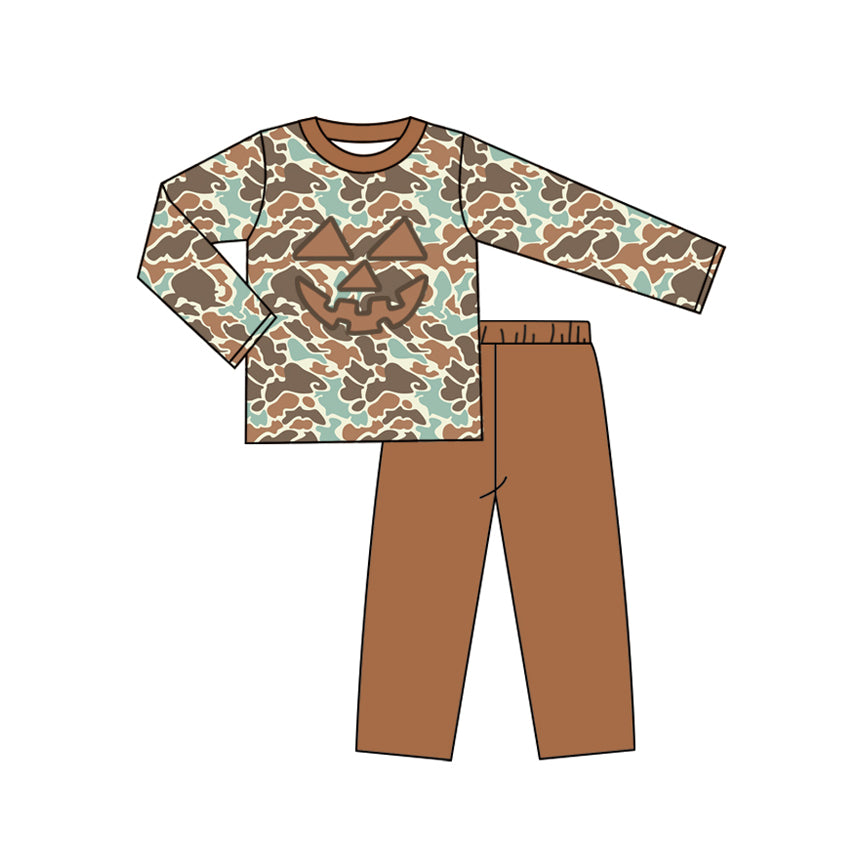 preorder BLP1193 Halloween smile pumpkin camo long sleeve brown pants boys set