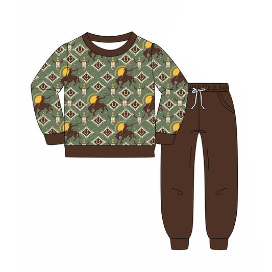 preorder BLP1209 Western rodeo aztec green long sleeve brown pants boys set