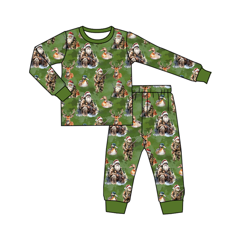 preorder BLP1212 Christmas Santa Hunting Mallard duck deer green long sleeve pants boys pajamas