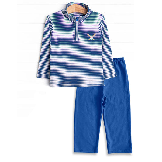 preorder BLP1220 play baseball blue striped zipper long sleeve blue pants boys set