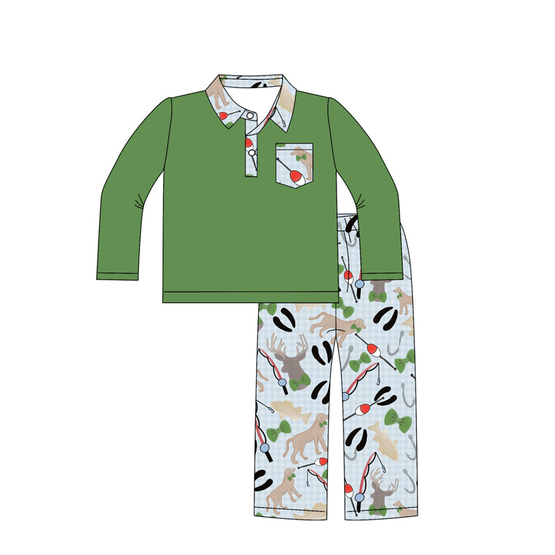 preorder BLP1221 hunting fishing deer dog green pocket long sleeve pants boys set