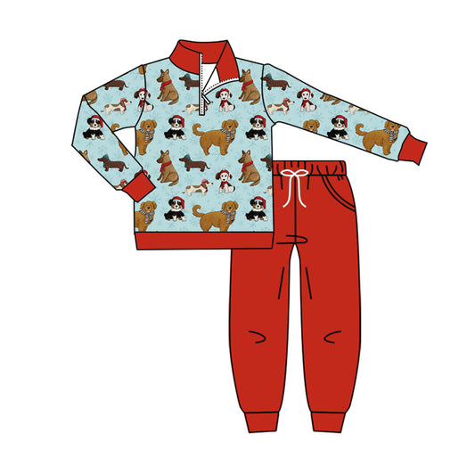 preorder BLP1226 Christmas cute dogs blue zipper long sleeve red pants boys set