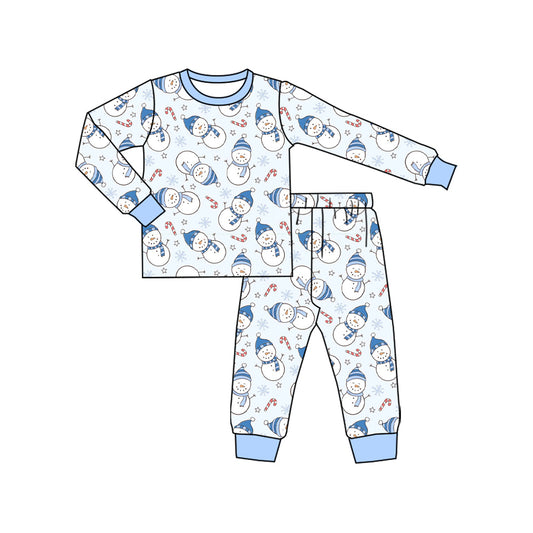 preorder BLP1227 Christmas snowman cane candy blue long sleeve pants boys pajamas