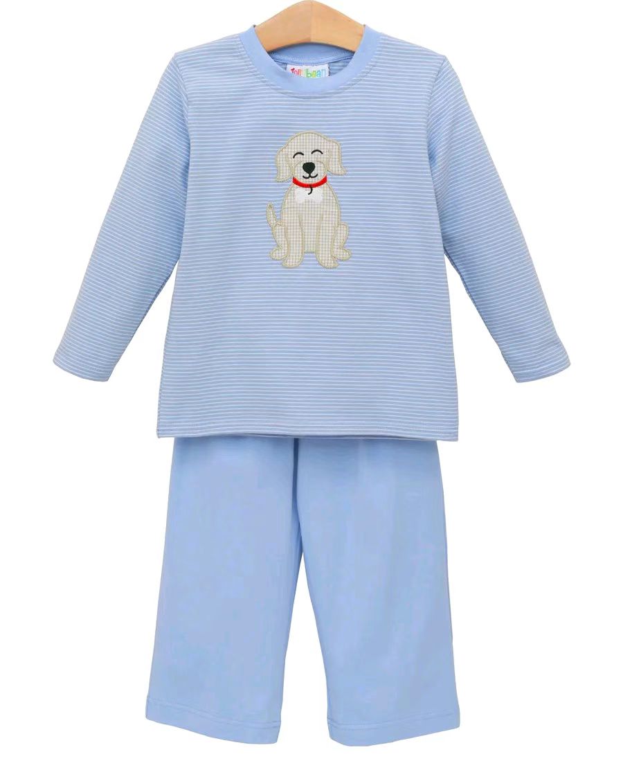 preorder BLP1230 cute dog pet blue striped long sleeve blue pants boys set
