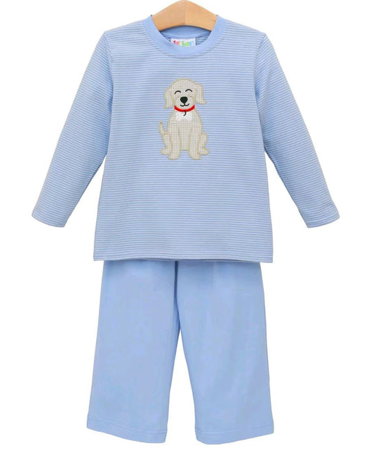 preorder BLP1230 cute dog pet blue striped long sleeve blue pants boys set