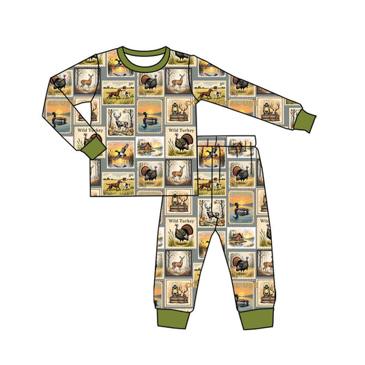 preorder BLP1233 hunting wild turkey deer mallard dog long sleeve pants boys pajamas
