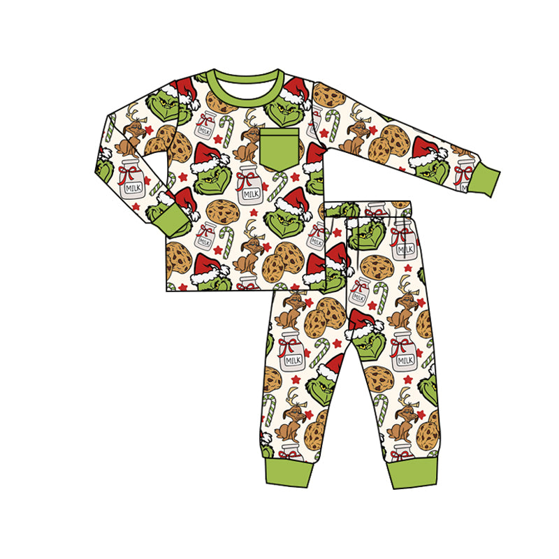 preorder BLP1237 Christmas green face cookie green long sleeve pants boys pajamas