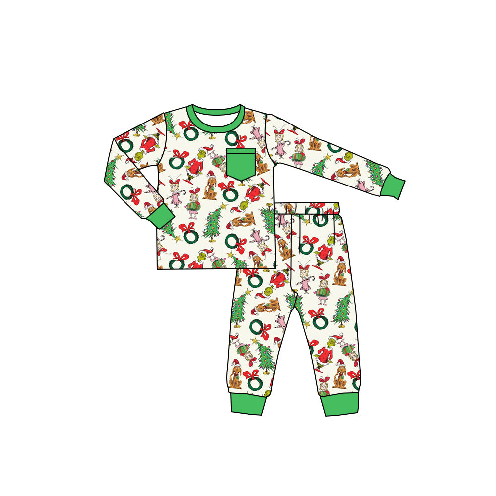 preorder BLP1244 Christmas green face green pocket long sleeve pants boys pajamas
