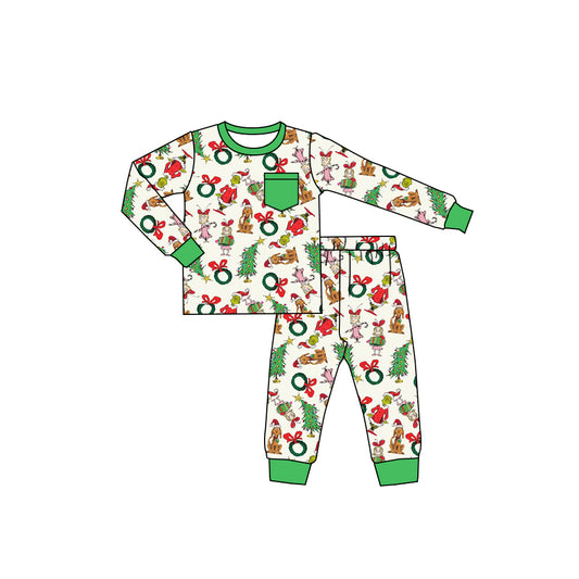 preorder BLP1244 Christmas green face green pocket long sleeve pants boys pajamas