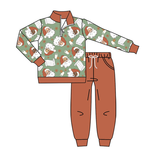 preorder BLP1246 Christmas Santa milk green zipper long sleeve brown pants boys set