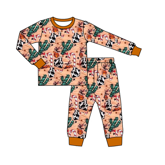 preorder BLP1254 Christmas Western cane candy cactus brown long sleeve pants boys pajamas