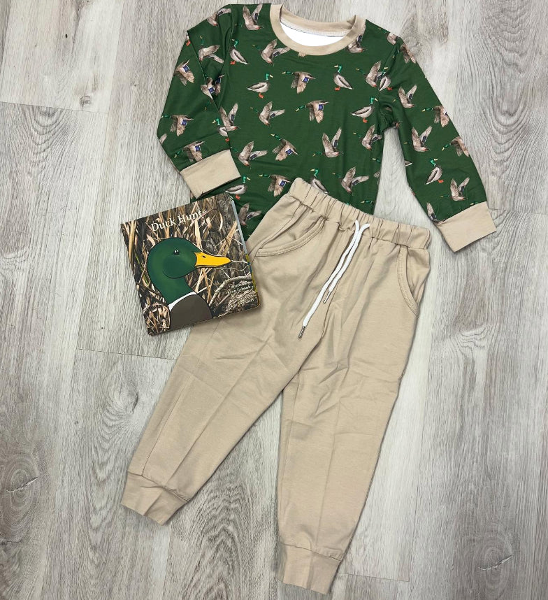 preorder BLP1261 hunting mallard duck green long sleeve khaki pants boys set